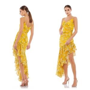 NWT IENNA for MAC DUGGAL Yellow Floral Asymmetrical Ruffle V-Neck Gown Women’s